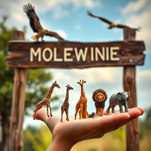 A hand holding miniature animals including giraffes, an elephant, a lion, and a rhino underneath a wooden sign, with a vulture and an eagle in the sky, captured using a DSLR camera with a 50mm lens, aperture set to f/2.8, ISO 100, and a shallow depth of field for a dreamy background effect.