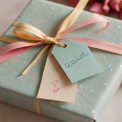 Close-up of a beautifully wrapped gift with a delicate bow, soft light highlighting the colorful paper and a handwritten tag resting on top.