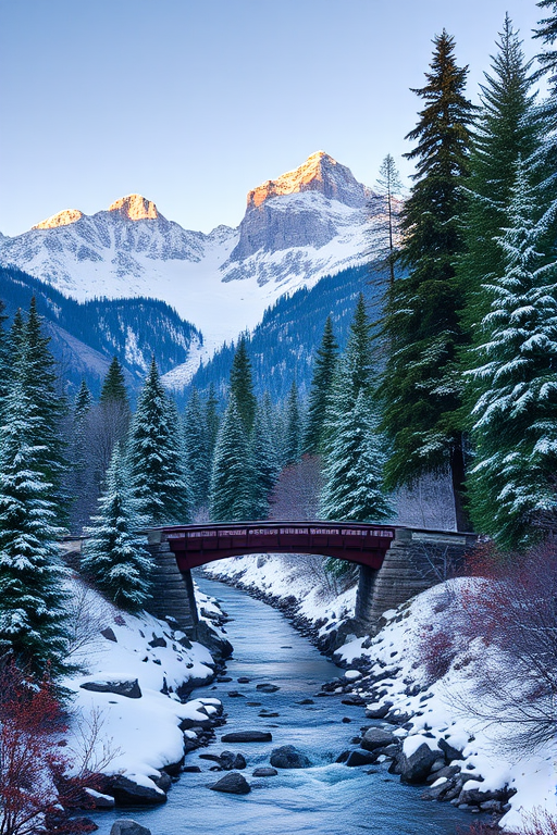 create a snowy mountain landscape with a bridge over a stream, lush evergreen trees, sharp mountain peaks in the background, vibrant colors, shot with a DSLR camera at f/8 aperture, ISO 100, 24mm lens, in landscape orientation for high detail and clarity