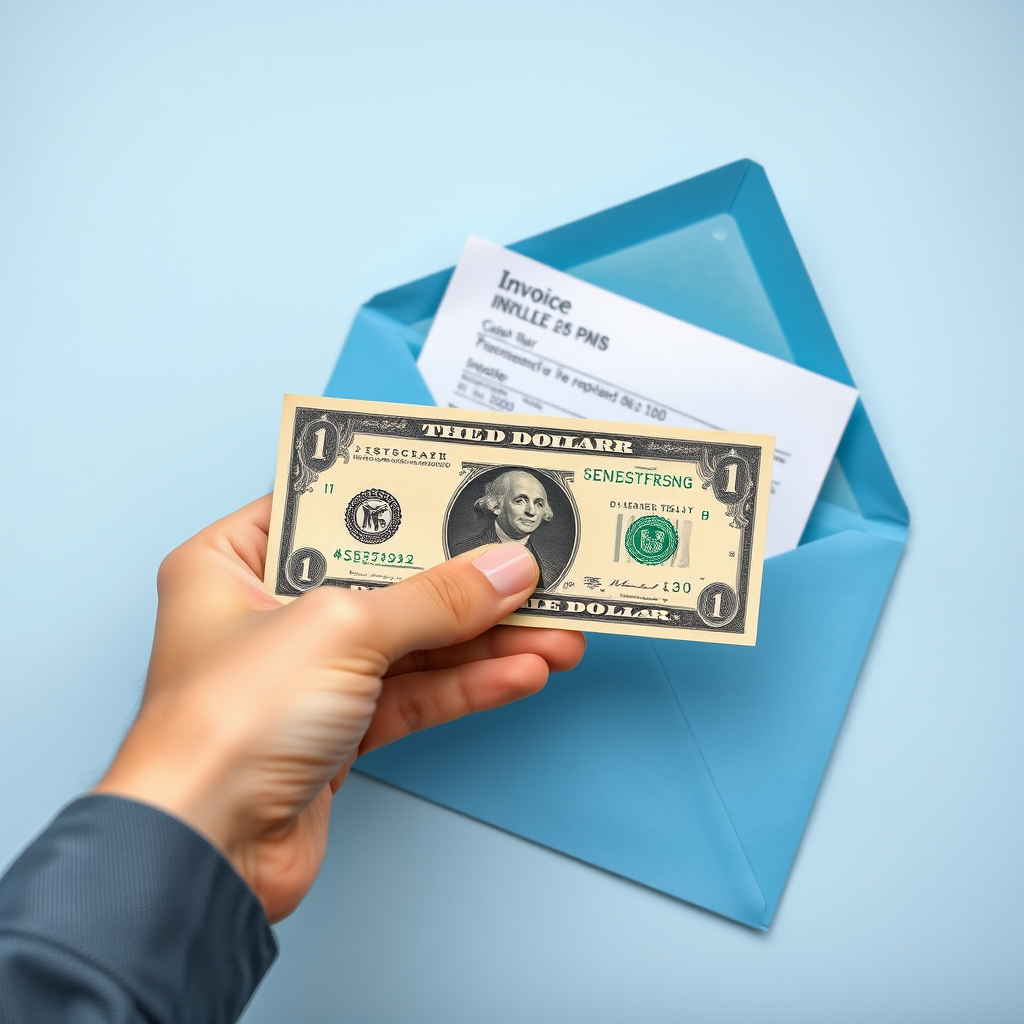 create an image of a hand holding a dollar bill next to a blue envelope with an invoice inside, use a digital camera with a 50mm lens, set aperture to f/2.8 for background blur, shutter speed of 1/100s, and ISO 100, use a high-resolution style with a flat lay view and soft, natural lighting