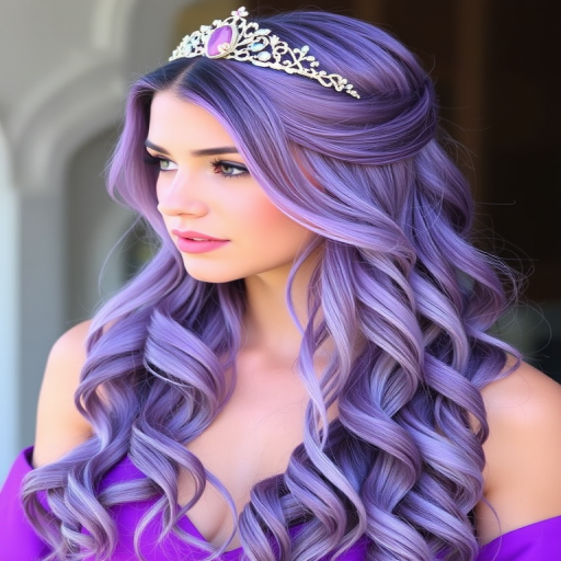 Regal Amethyst Cascade characterized by long, flowing purple locks with subtle silver highlights, styled in loose spiral curls and adorned with a delicate tiara