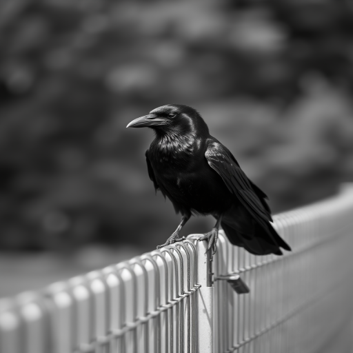 Capture a high-resolution image of a raven perched on a fence in black and white, using a DSLR camera with a 50mm lens, aperture set to f/1.8 for a shallow depth of field, ISO 200, and a shutter speed of 1/200s, shot from eye level with natural lighting to enhance detail and contrast.
