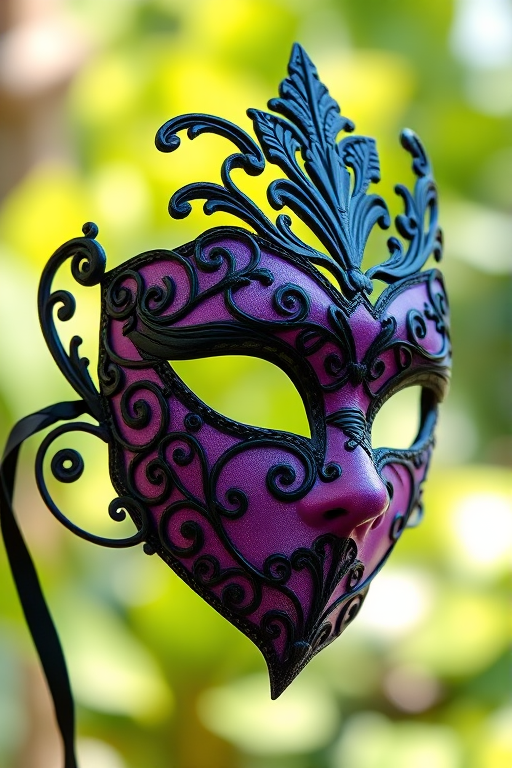 Create a vibrant, high-resolution digital illustration of an ornate masquerade mask featuring intricate black and purple designs with elegant swirls and cutouts, using a Canon EOS 5D Mark IV camera with an 85mm lens at f/1.8, in natural light to enhance colors and shadows.