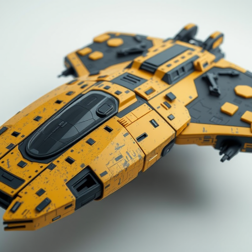 Create a highly detailed 3D rendering of a futuristic spaceship with a weathered yellow and black design, shot with a DSLR camera at f/8, ISO 100, 50mm lens, in a side view perspective with soft lighting to enhance texture and depth.