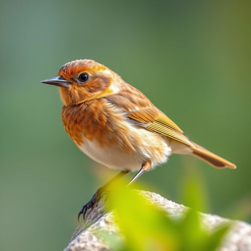 Generate an image of a small brown bird perched on a rock with a shallow depth of field, ISO 200, aperture f/2.8, shutter speed 1/500 sec, 50mm lens, natural lighting, and a focus on capturing fine feather details.