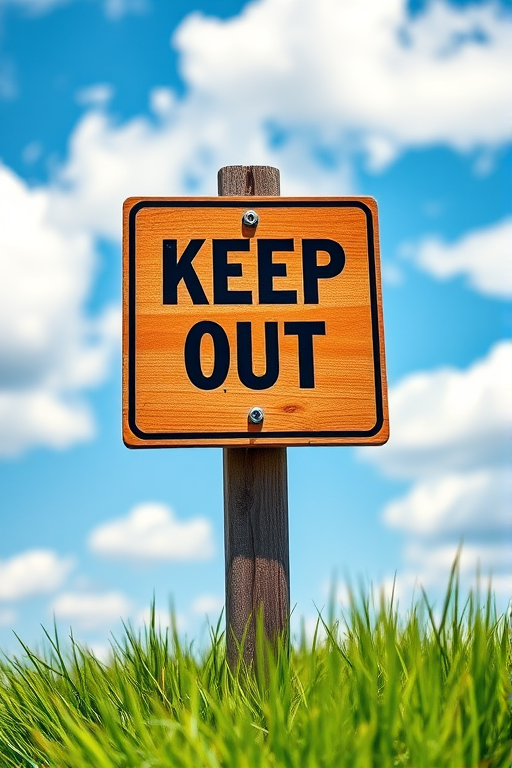 Create an image of a wooden "KEEP OUT" sign on a post, with a clear blue sky and fluffy white clouds in the background, vibrant green grass at the base, captured with a DSLR camera, 50mm lens, f/2.8 aperture, ISO 100, shot from eye level with a shallow depth of field for a sharp focus on the sign and a soft blur in the background.