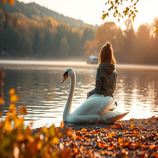 Regenerate a serene lakeside scene with a person sitting beside a swan, surrounded by autumn foliage, soft focus, golden hour lighting, using a DSLR camera at f/4 aperture, 50mm lens, ISO 100, natural light, high dynamic range.