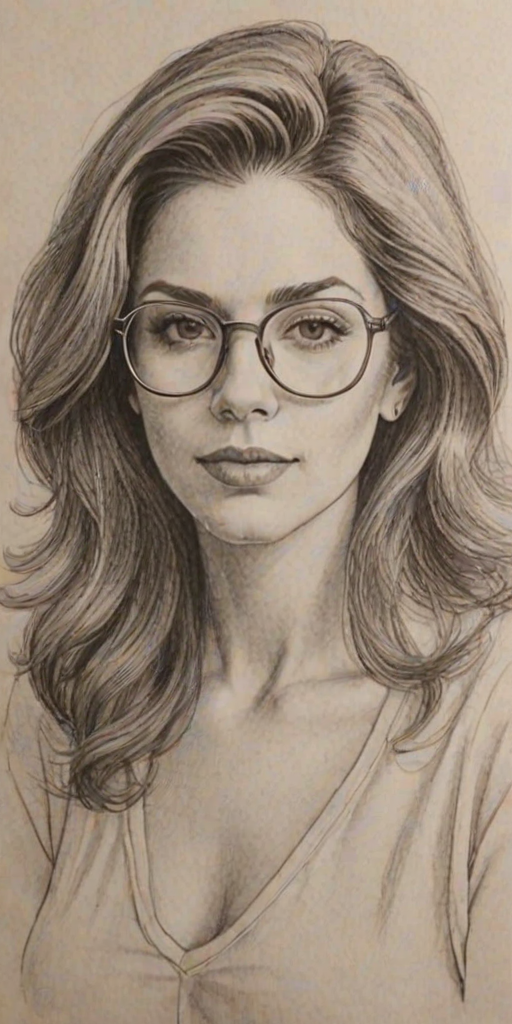 Lovely Amy Pietz, pencil sketch, portrait of Enticing woman 1976s in glasses, hair style beatnik, outline, clear lines, fine lines, 8k
