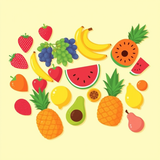 Create a vibrant and playful illustration of various fruits including strawberries, grapes, bananas, peaches, lemons, watermelon, pineapples, avocados, oranges, and pears on a soft yellow background, using a flat design style, with high contrast colors and smooth lines. Use a digital drawing tablet, settings: 300 DPI, view: overhead, type: vector art.