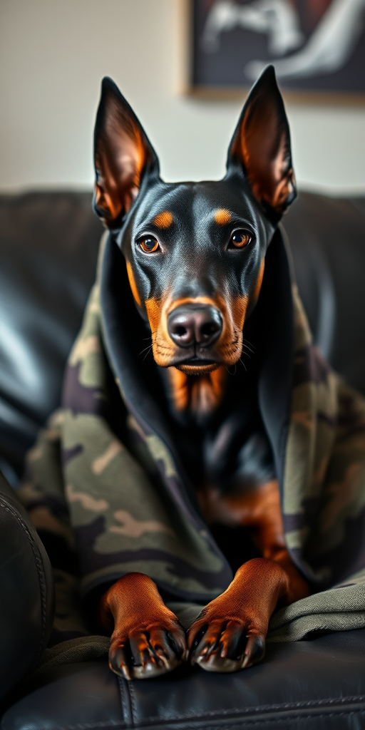 A close-up portrait of a Doberman wrapped in a camouflage blanket sitting on a black leather couch, using a Canon EOS R5 camera, 50mm lens, aperture f/1.8, ISO 200, natural lighting, shallow depth of field for a soft background blur.