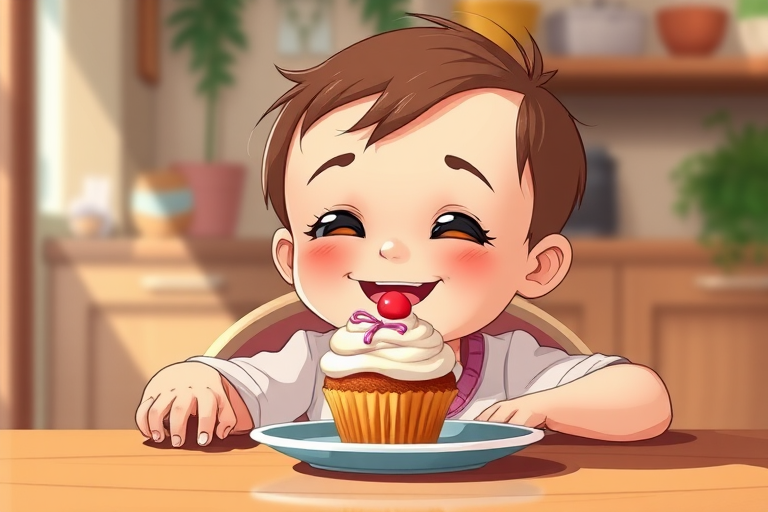 Create a playful illustration of a young child with a joyful expression, seated at a table with a cupcake on a plate in front of them, using a high-resolution digital art style, with a warm color palette and soft shadows, captured from a slightly elevated angle to enhance the sense of delight, using a virtual camera with aperture set to f/2.8 for a shallow depth of field to focus on the child's face and the cupcake.
