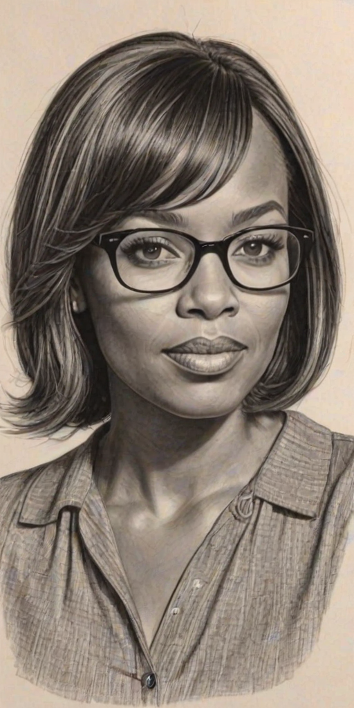 Fascinating Aisha Tyler, pencil sketch, portrait of Magnificent woman 1962s in glasses, hair style beatnik, outline, clear lines, fine lines, 8k