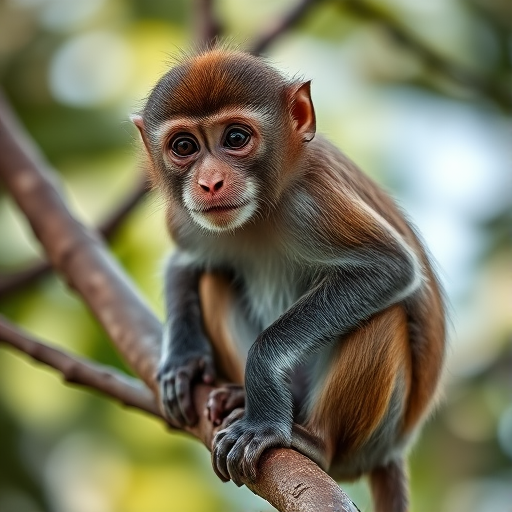 capture a close-up of a monkey sitting on a tree branch with a blurred background, using a Canon EOS 5D Mark IV, 85mm lens, aperture f/2.8, ISO 200, and a shallow depth of field for a soft bokeh effect