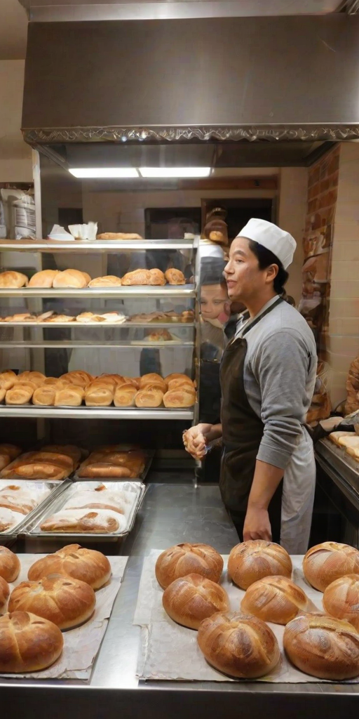 Bustling bakery, with a baker pulling fresh bread from the oven, customers eagerly waiting in line, and the warm aroma of baked goods filling the air, creating a sense of warmth and comfort.