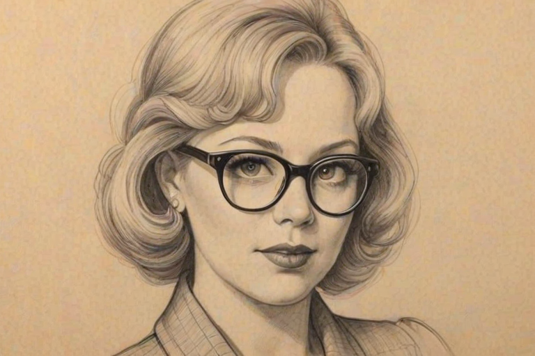 Appealing Kirsten Vangsness, pencil sketch, portrait of Appealing woman 1931s in glasses, hair style beatnik, outline, clear lines, fine lines, 8k