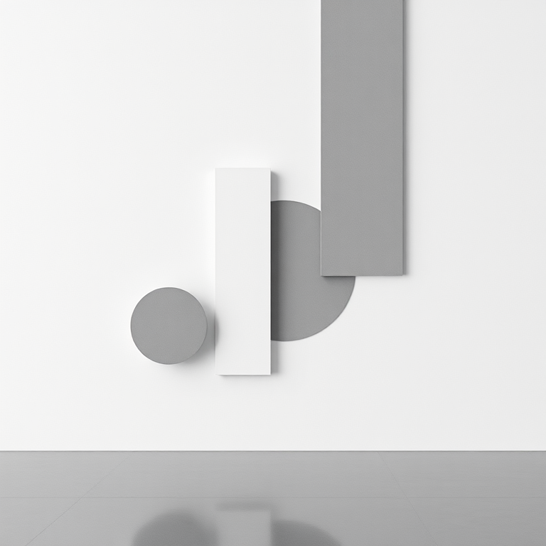 Create a high-resolution image of a minimalist abstract design featuring geometric shapes and a monochromatic color palette, captured with a Canon EOS R5 at f/8 aperture, ISO 100, 1/125 sec shutter speed, from a slightly elevated angle, using a soft focus lens for a smooth background effect.