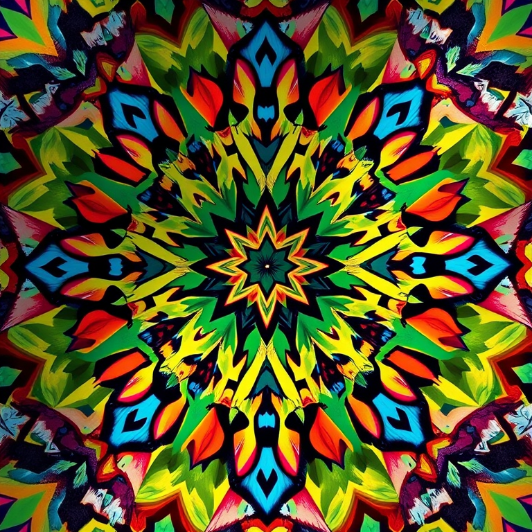 Create a high-resolution image of a stylized, abstract geometric pattern with vibrant colors and intricate details using a DSLR camera at f/4 aperture, ISO 100, 24mm lens, capturing a top-down view in natural light.