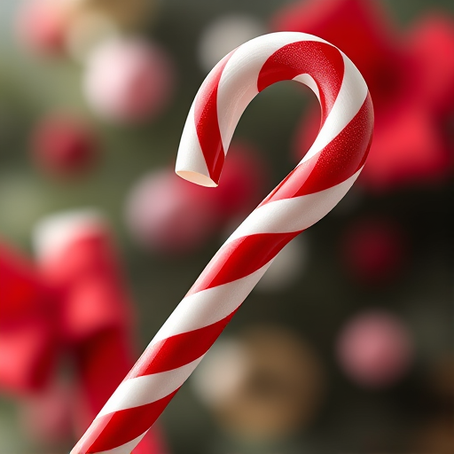 Create a high-resolution illustration of a traditional candy cane with red and white stripes, captured from a slightly elevated angle, using a shallow depth of field to emphasize the candy cane while softly blurring the background, shot with a DSLR camera at f/2.8, ISO 100, and a focal length of 50mm.