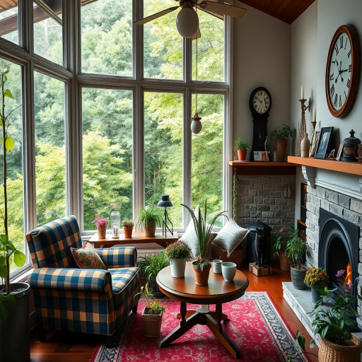 Create an image of a cozy living room with large windows overlooking a lush green forest, featuring a comfortable plaid armchair, a round table with potted plants, various flowers in pots, a fireplace with a small flame, a black cat near the fireplace, and decorative elements like a clock on the wall, in a bright, vibrant style, shot with a Canon EOS R5 at f/2.8, 1/60 sec, ISO 200, using a wide-angle lens for a spacious view.