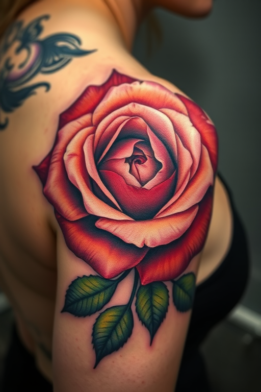 Hyper-realistic color realism tattoo of a blooming rose on the shoulder blade, capturing every intricate detail and texture, with lifelike shading and color gradients for a 3D effect
