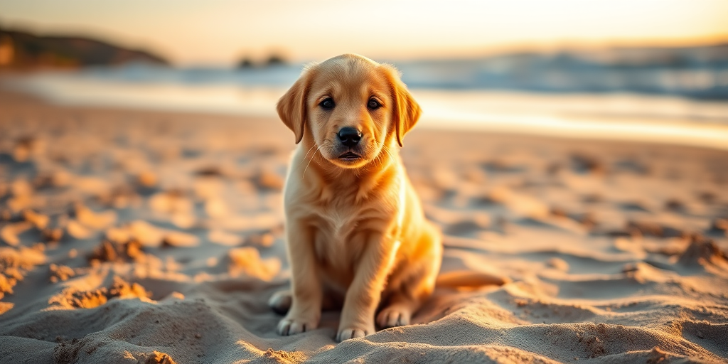A golden lab puppy sitting on a sandy beach with a scenic background, natural lighting during golden hour, shallow depth of field, capturing details in the dog's fur, using a DSLR camera, with a 50mm lens at f/2.8, ISO 100, and a shutter speed of 1/200 sec.