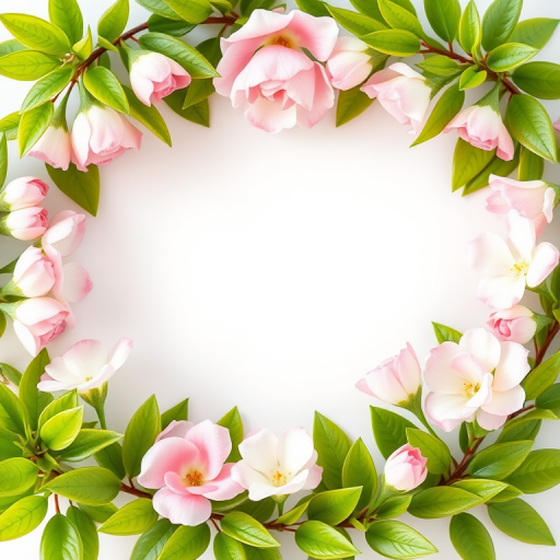 Generate a high-quality image of a floral picture frame featuring soft pink and white flowers with green leaves surrounding a blank center, captured in natural light with a DSLR camera, 50mm lens, f/2.8 aperture, ISO 100, and shallow depth of field for a soft background blur.
