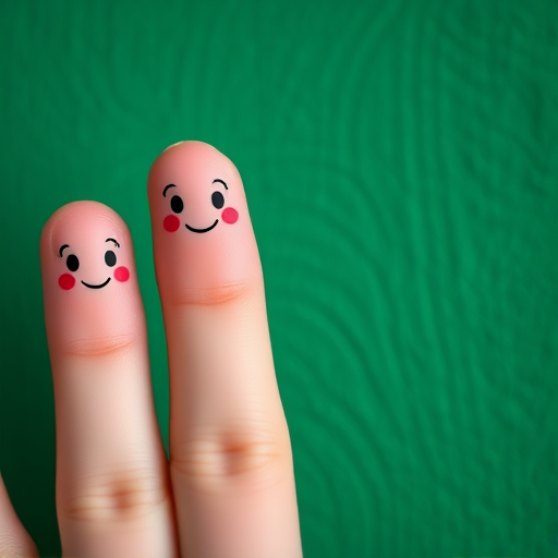 Create a close-up image of four fingers with playful cartoon faces, resting on a textured green background, with a sharp focus, shallow depth of field, 50mm lens, f/2.8 aperture, ISO 100, natural light.