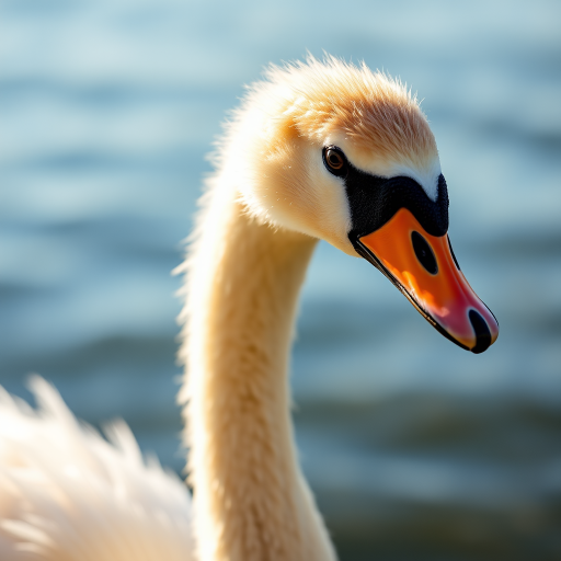 capture a close-up of a young swan by the water, soft natural lighting, aperture f/2.8, shutter speed 1/500s, ISO 400, DSLR camera, portrait view, shallow depth of field