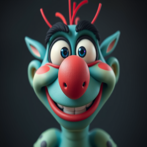 Create a vibrant and expressive cartoon creature with exaggerated facial features, large smiling mouth, and bright colors, using a high-resolution setting with a 50mm lens, f/1.8 aperture, soft lighting, and a shallow depth of field for a clear focus on the character's face.