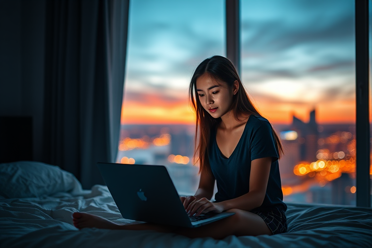 a young woman sitting on a bed in a dimly lit room, focused on a laptop with a vibrant cityscape at sunset in the background, soft ambient lighting, high-resolution 4K, ISO 100, f/2.8, 50mm lens, shallow depth of field, evening mood, portrait orientation, digital art style