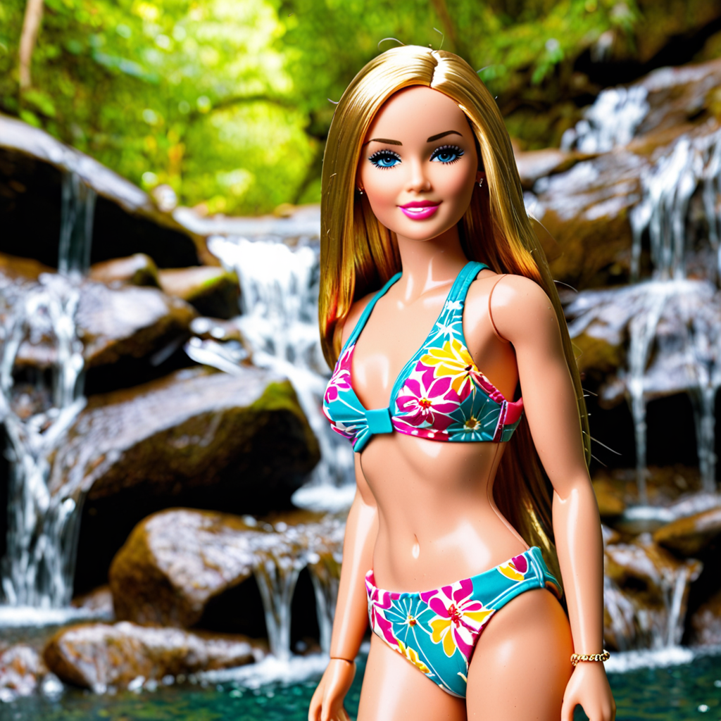 Ai Image Generator - Ai Art Generator - High Quality and 100% Unique Images  - iPic.Ai Hannah Montana swimsuit in the water near a waterfall Barbie doll  style