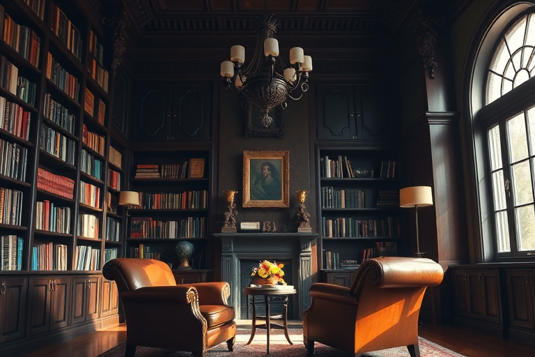 a cozy, richly decorated library with dark wooden shelves filled with books, two vintage leather armchairs facing each other, a decorative chandelier casting warm light, sunlight streaming through large windows, soft shadows creating depth, f/2.8 aperture, ISO 100, 50mm lens, natural lighting, DSLR camera, interior photography style