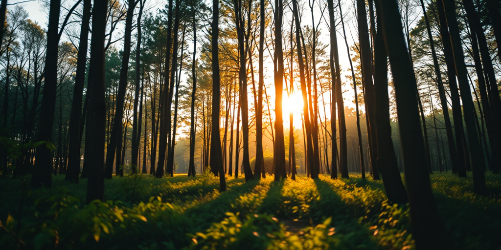 Create an image of a serene forest scene during golden hour, with soft light filtering through the trees, using a Canon EOS R5, 50mm f/1.2 lens, aperture set to f/2.8, ISO 100, shutter speed 1/125 sec, capturing a shallow depth of field for a dreamy effect, shot from eye level.