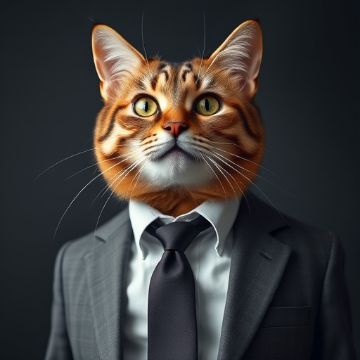 Generate an image of a cat with a human body wearing a suit and tie, high resolution, 50mm lens, f/1.8 aperture, soft lighting, portrait style, DSLR camera.