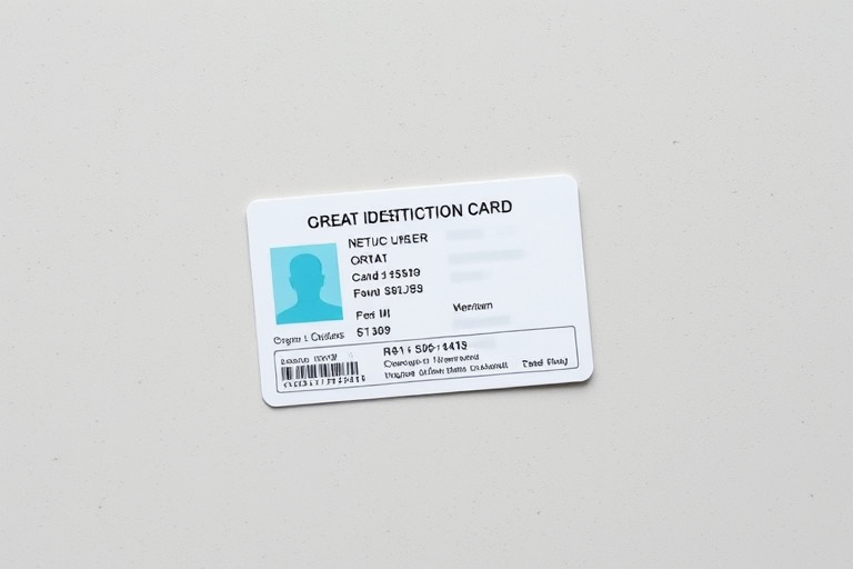 Create an image of an open identification card on a plain surface, using a DSLR camera with a 50mm lens, aperture set to f/2.8 for a shallow depth of field, shooting from a top-down view at a height of 1 meter, with natural light to enhance colors and details.