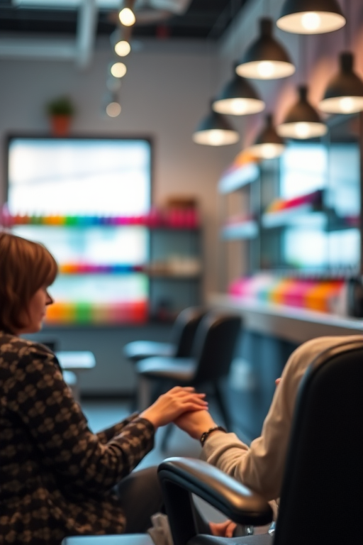 Capture a high-quality image of a nail salon scene with a focus on a customer having their nails done, using a Canon EOS R5 with a 24-70mm f/2.8 lens, aperture set to f/4 for depth of field, ISO 200 for clarity, and natural lighting for a bright and inviting atmosphere, emphasizing the colorful nail polish display in the background.
