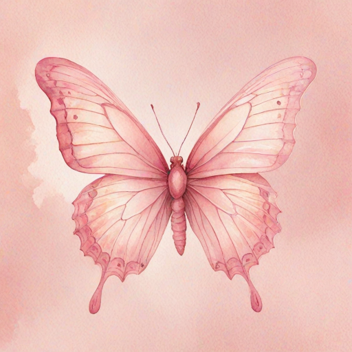 Create a watercolor illustration of a delicate pink butterfly with soft gradient wings, showcasing shades of light pink and cream. The butterfly should be depicted from a side view, highlighting its intricate wing patterns and gentle curves. The background should be minimal to emphasize the beauty of the butterfly.