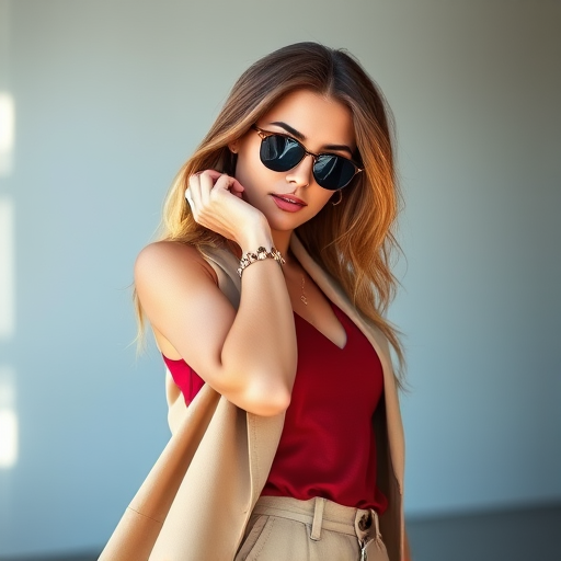 Generate a high-resolution image of a stylish, fashionable female model posing in a playful manner, with a soft-focus background; use a 50mm lens at f/1.8 for a shallow depth of field, ISO 100, and a shutter speed of 1/125s, shot in natural light on a DSLR camera.