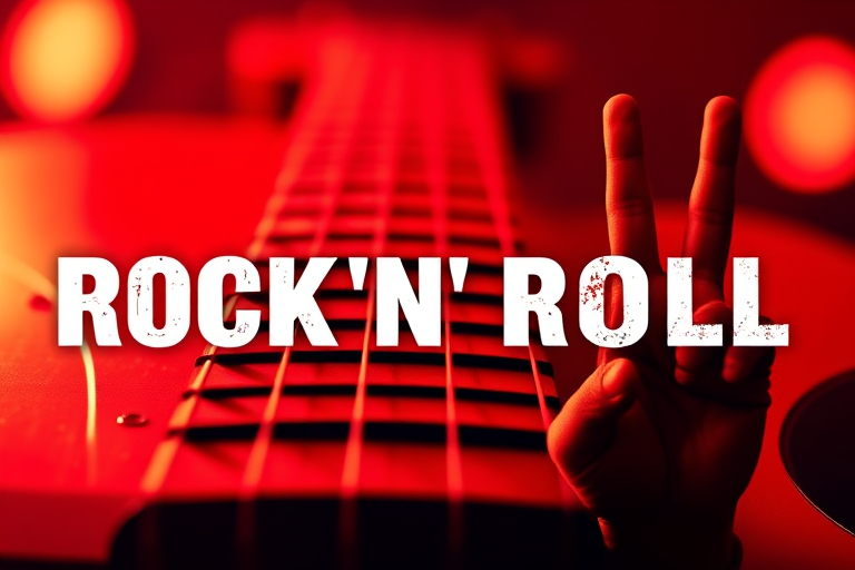 Create a vibrant and dynamic image featuring a close-up of a guitar fretboard with a blurred background in red hues, incorporating the words "ROCK 'N ROLL" in bold lettering and a hand making the rock gesture, shot with a Canon EOS R5, using a 50mm f/1.2 lens, aperture set to f/1.8, ISO 200, and a shutter speed of 1/250s, in portrait orientation for added depth.