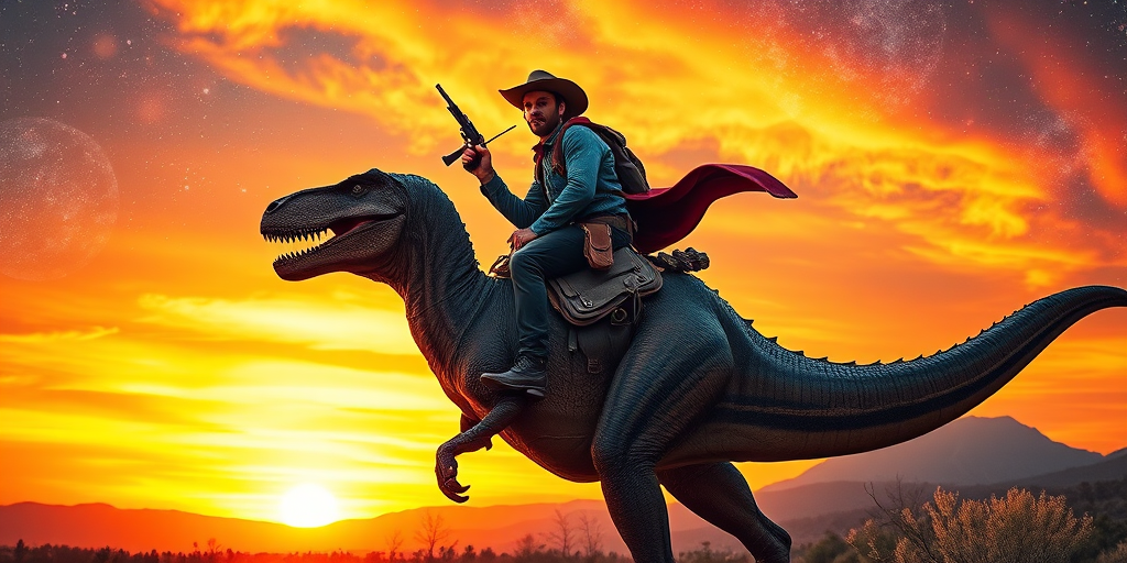 cowboy riding a dinosaur against a cosmic background, sunset colors, high detail, DSLR camera, focal length 50mm, aperture f/1.8, ISO 100, wide angle view, high dynamic range, vibrant colors