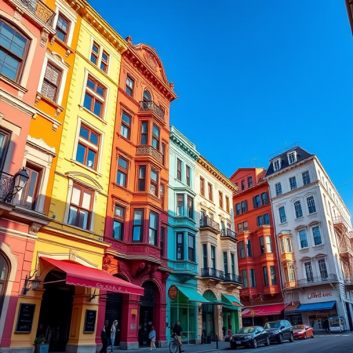 Capture a vibrant street scene showcasing colorful historic buildings with distinct architectural styles under a clear blue sky, using a Nikon D850 camera, 24mm lens, aperture f/8, ISO 100, shutter speed 1/200 sec, HDR mode for enhanced details and color contrast.