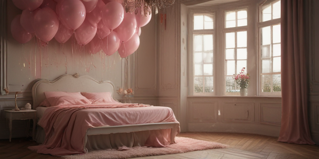 Charming Bedroom Decorated with Pink Balloons and Soft Pastel Fabrics