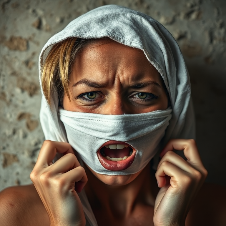 Create a close-up photographic image of a Maori woman with light skin tones shown against an old, worn wall. Their head is wrapped in a white cloth covering (i.e.... parts of the head except the nose and mouth, which are open as if they are screaming...), with a slight texture and visible folds in the fabric. Thin strands of blonde hair escape from the wrapping above, falling lightly at the top and sides. Their hands hold the fabric as if they are tugging nervously. The lighting is dramatic and even, casting strong shadows. The image has a minimalist and surreal style with an emphasis on simplicity with soft color tones. The composition is centered.