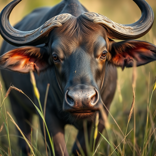 Capture a close-up of a muddy African buffalo standing in tall grass, with a shallow depth of field, 50mm lens, f/2.8 aperture, ISO 200, natural lighting, shot at eye level with a DSLR camera.
