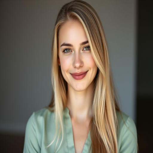 portrait of a young woman with long blonde hair, smiling gently, wearing a light green blouse, soft natural lighting, shallow depth of field, 85mm lens, f/1.8 aperture, ISO 200, slight overcast to reduce harsh shadows, studio background blurred
