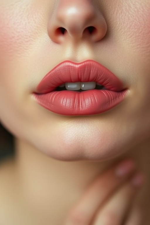 Matte dusty rose lips with a powdery finish, soft and feminine, evoking vintage glamour and timeless elegance