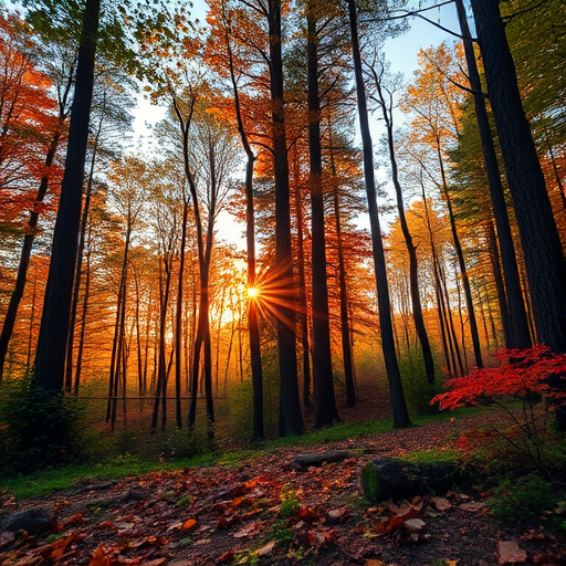Generate a high-resolution image of a peaceful forest landscape during sunrise, using a Canon EOS 5D Mark IV with a 24-70mm lens at f/8, ISO 100, and a shutter speed of 1/200 sec from a low angle perspective to capture vibrant colors and details in the foliage.