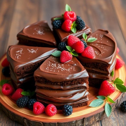 Chocolate layer cakes with rich frosting arranged on a wooden platter garnished with fresh berries and green foliage