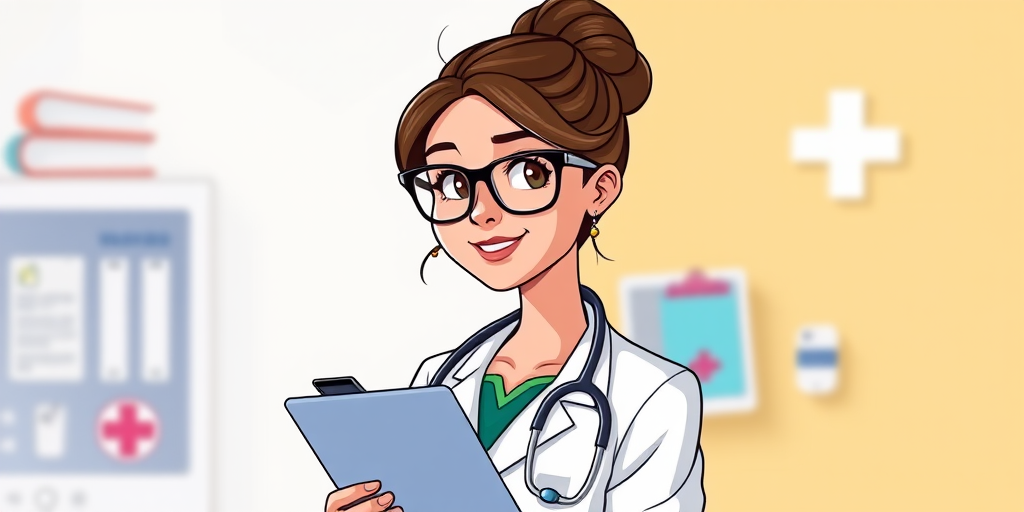 Create a colorful cartoon-style illustration of a female doctor with brown hair in a bun, wearing glasses and a white lab coat, holding a clipboard with medical notes, a stethoscope around her neck, set against a simple medical-themed background, captured with a DSLR camera at f/2.8 aperture, 50mm lens, ISO 100, in bright natural lighting to enhance image quality.