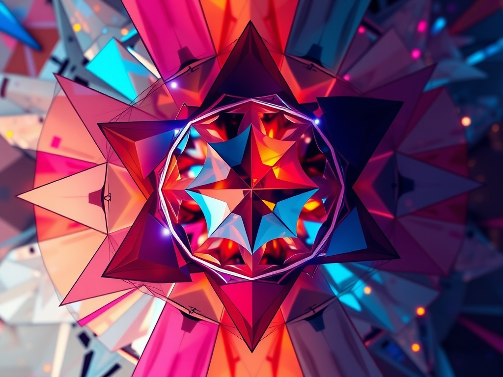 Create an abstract digital art piece featuring geometric shapes and vibrant colors, captured in 4K resolution using a Canon EOS R5 with a 24-70mm f/2.8 lens at f/8, ISO 100, and a shallow depth of field, top-down view for dynamic composition.
